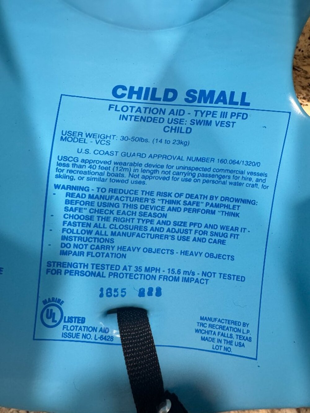 TRC Recreation Super Soft Child Size Small Life Jacket USCG Approved Vinyl Coat - Picture 4 of 6